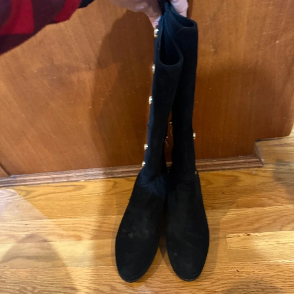 Vince Camuto Vacilla Black Suede Tall‎ Boots Gold Button Detail 7.5M 37.5